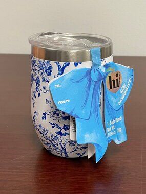 Hi Peach Layne Stainless Steel Tumbler with Bath Bomb - Blue & White Floral -NWT